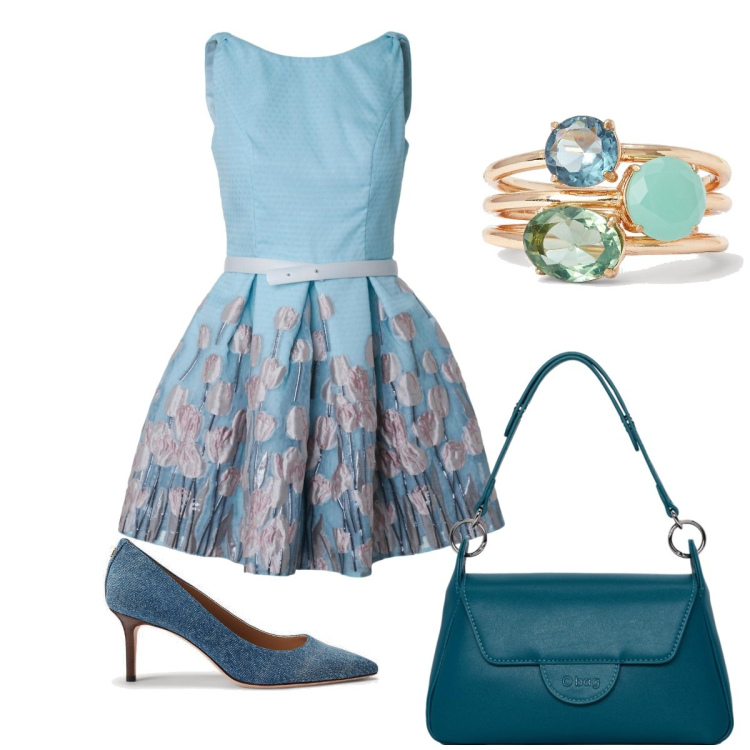Outfit donna - Un pranzo speciale. Stile Chic per Cerimonia. Abbinamento con décolleté, anelli, vestiti, borse a spalla.