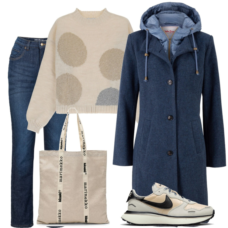 Outfit donna - Al supermercato. Stile Casual per Tutti i giorni. Abbinamento con cappotti, jeans dritti, pullovers, sneakers alte, borse tote.
