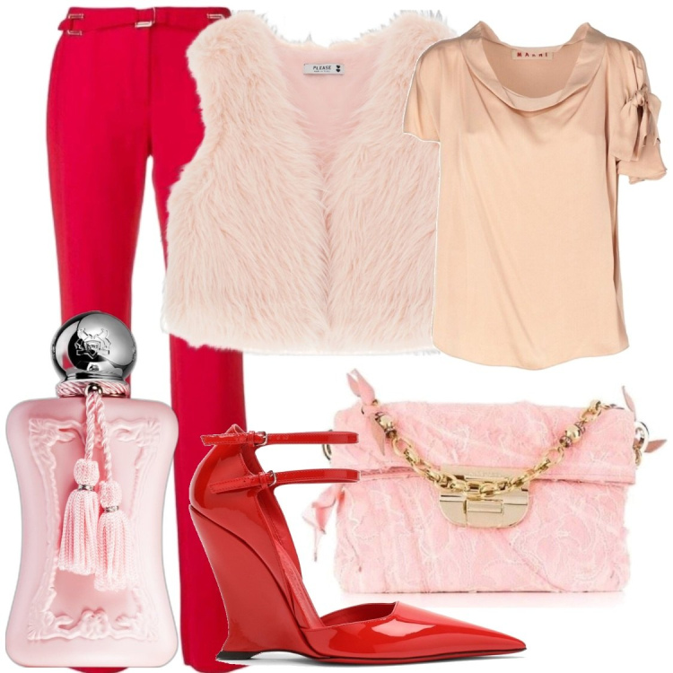 Outfit donna - Rosa Rossa di sera. Stile Glamour per Serata fuori. Abbinamento con pantaloni, bluse, borse a mano, profumi, gilet, décolleté.