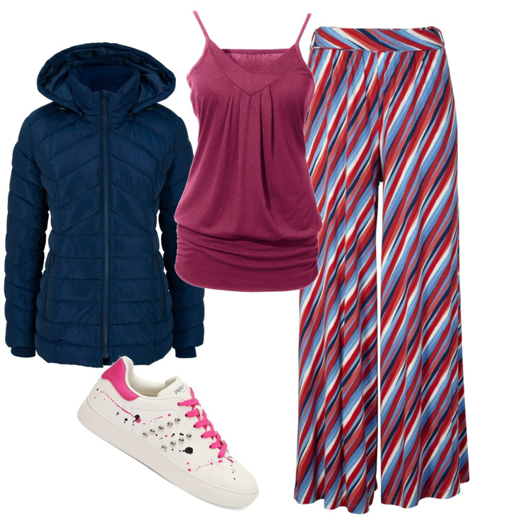 Outfit donna - Sere di ottobre. Stile Casual per Tutti i giorni. Abbinamento con giacche, top, pantaloni a palazzo, sneakers.