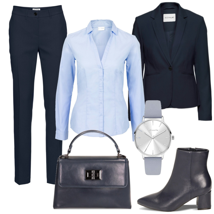 Outfit donna - Ufficio. Stile Chic per Ufficio. Abbinamento con pantaloni, camicie, blazer, stivaletti, borse a mano, orologi.