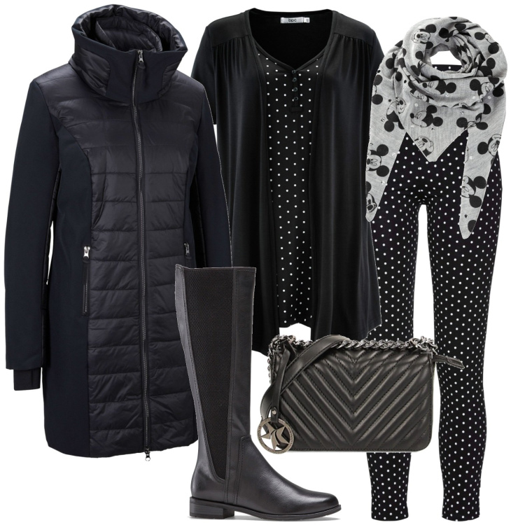 Outfit donna - Total look #1754187. Stile Casual per Tutti i giorni. Abbinamento con maglieria, blazer, leggings, stivali sopra il ginocchio, foulard, borse a tracolla.
