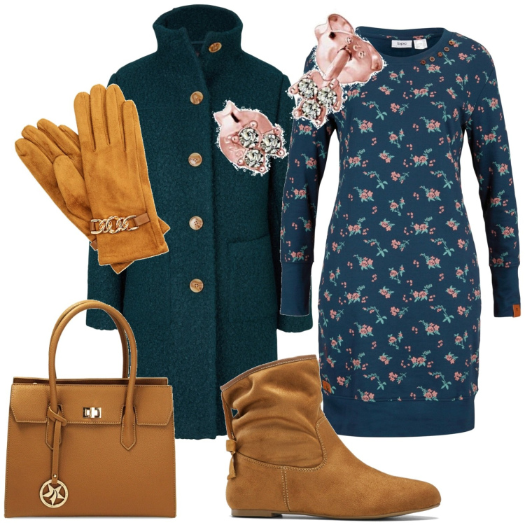 Outfit donna - Total look #1754197. Stile Casual per Tutti i giorni. Abbinamento con cappotti, vestiti, stivaletti, borse a mano, guanti, orecchini.
