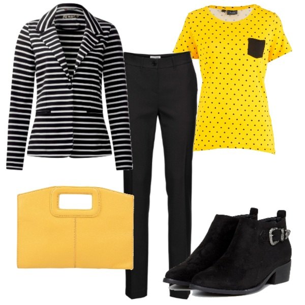 Outfit donna - Righe e pois. Stile Trendy per Ufficio. Abbinamento con pantaloni, maglia a maniche corte giallo, borsa a mano taglia media con zip interno foderato tinta unita, giacca multicolore e nero, stivaletti con fibbia.