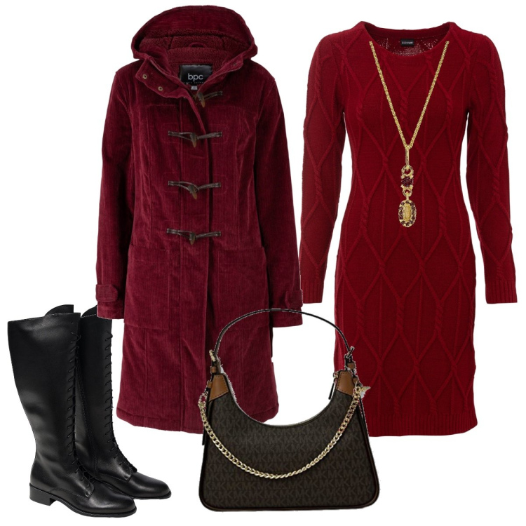 Outfit donna - L’abito di maglia bordeaux a losanghe. Stile Casual chic per Ufficio. Abbinamento con montgomery, vestiti, clutch, ciondoli, stivali sopra il ginocchio.
