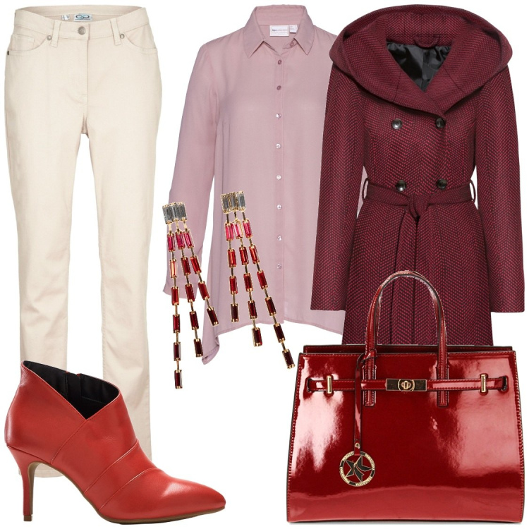 Outfit donna - Red Passion curvy. Stile Casual chic per Ufficio. Abbinamento con cappotti, orecchini, stivaletti, pantaloni, camicie, borse a mano.