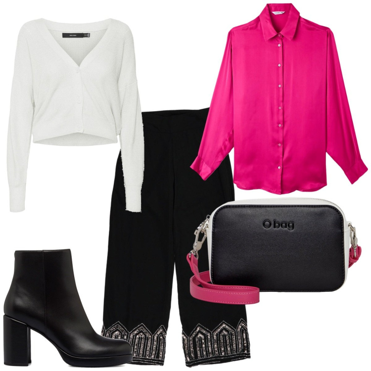 Outfit donna - O bag formato mini. Stile Trendy per Tutti i giorni. Abbinamento con camicie, stivaletti, cardigans, pantaloni a palazzo, borse a tracolla.