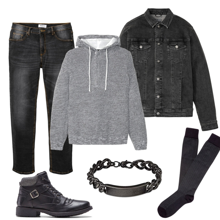 Outfit uomo - Il denim che fa rock. Stile Biker Rock per Tutti i giorni. Abbinamento con maglieria, stivali e stivaletti, cappotti, jeans dritti, braccialetti, calzini.