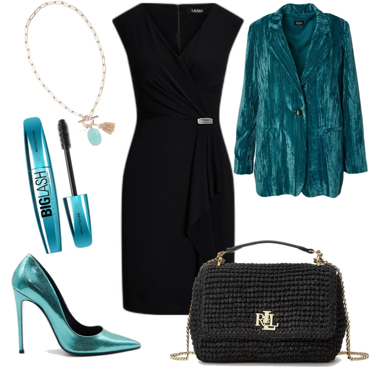 Outfit donna - Colazione da Tiffany. Stile Glamour per Serata fuori. Abbinamento con mascara, vestiti, collane, borse a spalla, décolleté, giacche.