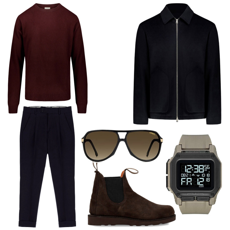 Outfit uomo - Uno stile rigoroso. Stile Trendy per Tutti i giorni. Abbinamento con pantaloni, stivali e stivaletti, maglieria, orologi digitali, occhiali da sole, giacche.