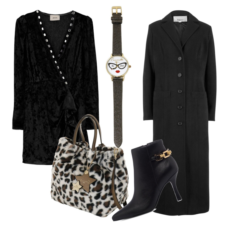 Outfit donna - La borsa vistosa. Stile Trendy per Serata fuori. Abbinamento con cappotti, vestiti, stivaletti, orologi, borse a mano.