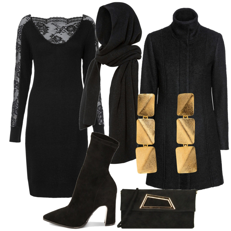 Outfit donna - Vestito da sogno. Stile Chic per Serata fuori. Abbinamento con sciarpe, vestiti, cappotti, stivaletti, pochette, orecchini.