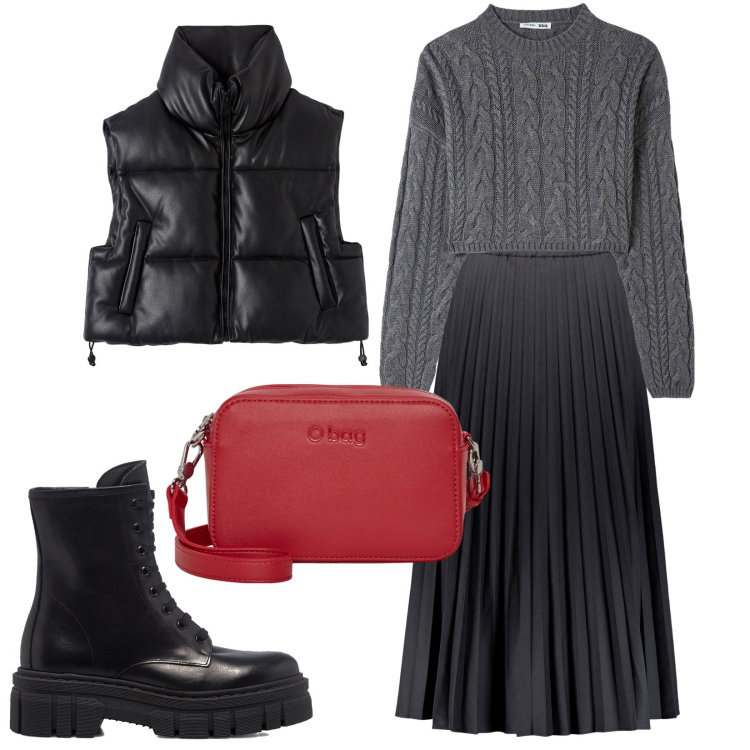Outfit donna - O bag rossa. Stile Urban per Tutti i giorni. Abbinamento con maglieria, piumini, anfibi, gonne lunghe, borse a tracolla.