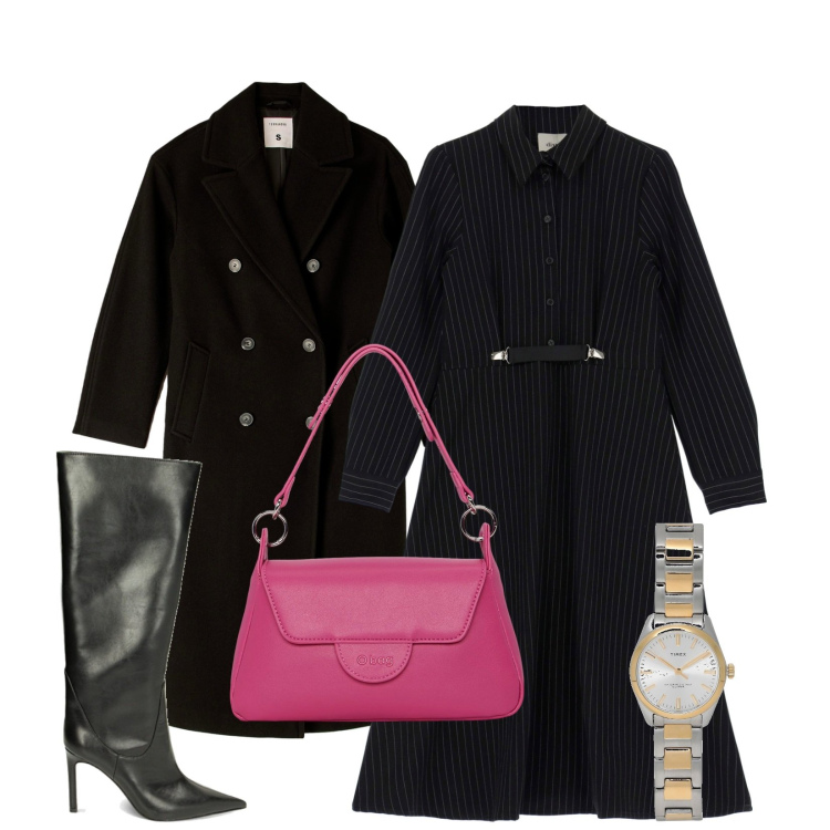 Outfit donna - Total look #1754287. Stile Trendy per Ufficio. Abbinamento con orologi, cappotti, stivali sopra il ginocchio, vestiti midi/longuette, borse a spalla.