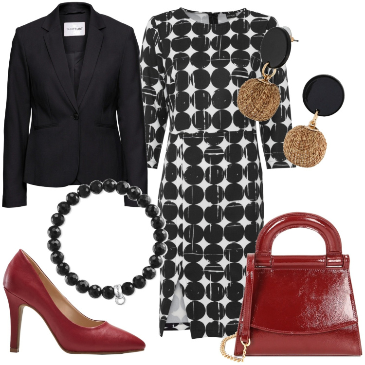 Outfit donna - Total look #1754290. Stile Casual chic per Serata fuori. Abbinamento con blazer, orecchini, vestiti a tubino, décolleté, borse a mano, braccialetti.