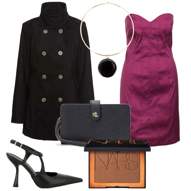 Outfit donna - Il tubino fucsia. Stile Chic per Serata fuori. Abbinamento con caban, terre, décolleté, ciondoli, pochette, vestiti.