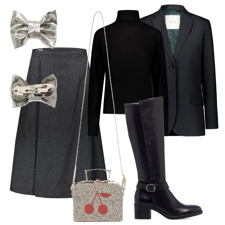 Outfit donna - Gonna grigia a righettine. Stile Mannish per Serata fuori. Abbinamento con stivali sopra il ginocchio, blazer, gonne lunghe, maglieria, borse a tracolla, accessori per capelli.
