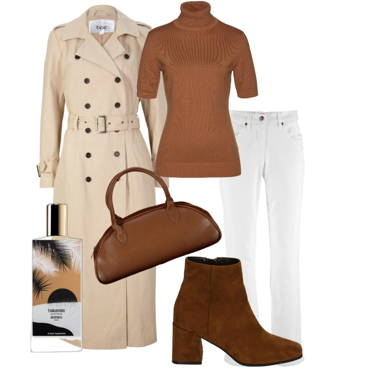 Outfit donna - Il trench intramontabile. Stile Trendy per Tutti i giorni. Abbinamento con maglieria, trench, jeans bootcut, profumi, stivaletti, borse a spalla.