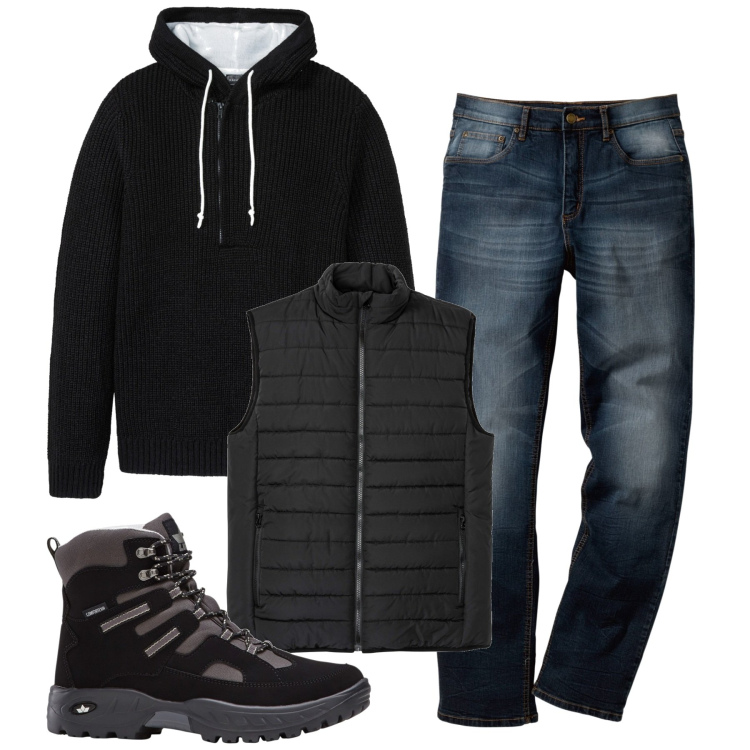 Outfit uomo - Freddo in città. Stile Urban per Tutti i giorni. Abbinamento con jeans dritti, maglieria, gilet, stivali e stivaletti.
