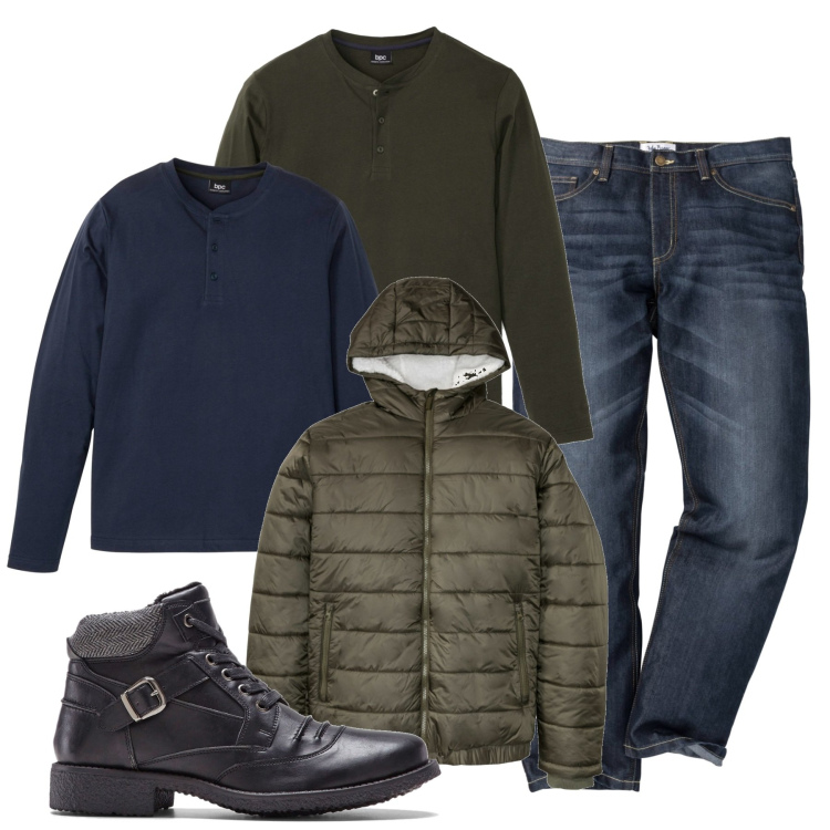 Outfit uomo - Ben assortito. Stile Urban per Tutti i giorni. Abbinamento con jeans dritti, cappotti, stivali e stivaletti, maglieria.