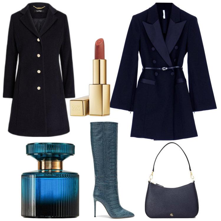 Outfit donna - Deep blu. Stile Chic per Serata fuori. Abbinamento con rossetti, profumi, vestiti corti, cappotti, borse a tracolla, stivali.