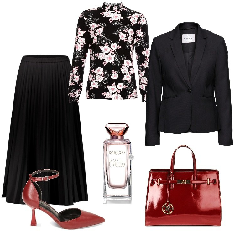 Outfit donna - Total look #1754350-Novembre. Stile Romantica per Ufficio. Abbinamento con blazer, maglieria, profumi, borse a mano, décolleté, gonne lunghe.