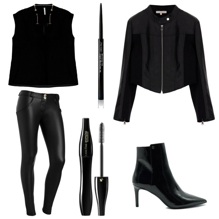 Outfit donna - Rock Glam. Stile Rock per Tutti i giorni. Abbinamento con mascara, eyeliner, cappotti, canottiere, pantaloni skinny, stivaletti.