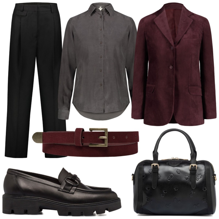 Outfit donna - Maschile femminile. Stile Mannish per Ufficio. Abbinamento con mocassini, borse a mano, pantaloni, cinture, camicie, blazer.