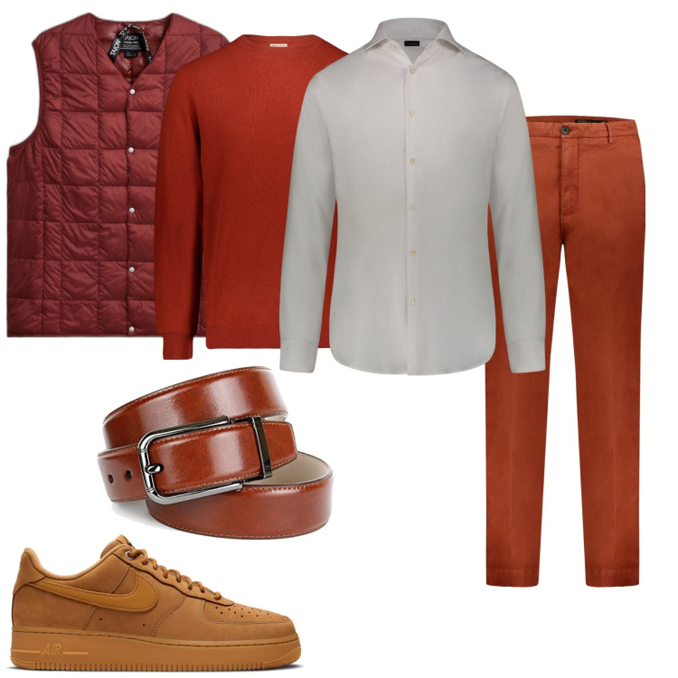 Outfit uomo - Ruggine per essere alla moda. Stile Trendy per Tutti i giorni. Abbinamento con piumini, sneakers, pantaloni, cinture, maglieria, camicie.