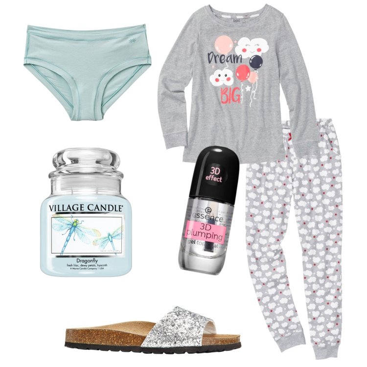 Outfit donna - Buonanotte. Stile Casual per Tutti i giorni. Abbinamento con pigiama, ciabatte, profumi, smalti, slip.