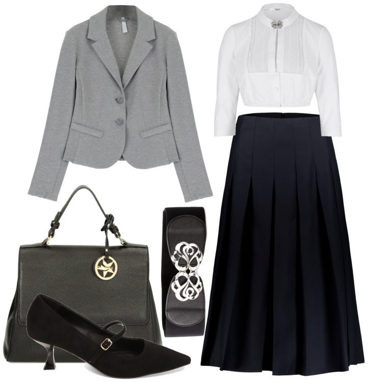 Outfit donna - La camicia dal gusto retrò. Stile Bon Ton per Ufficio. Abbinamento con cinture, camicie, cappotti, décolleté, borse a mano, gonne longuette.