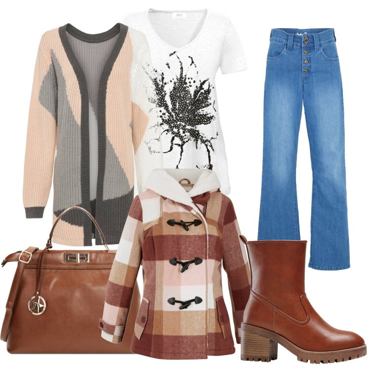 Outfit donna - Voglia di jeans. Stile Casual chic per Ufficio. Abbinamento con stivaletti, cardigans, jeans dritti, t-shirt, cappotti, borse a mano.