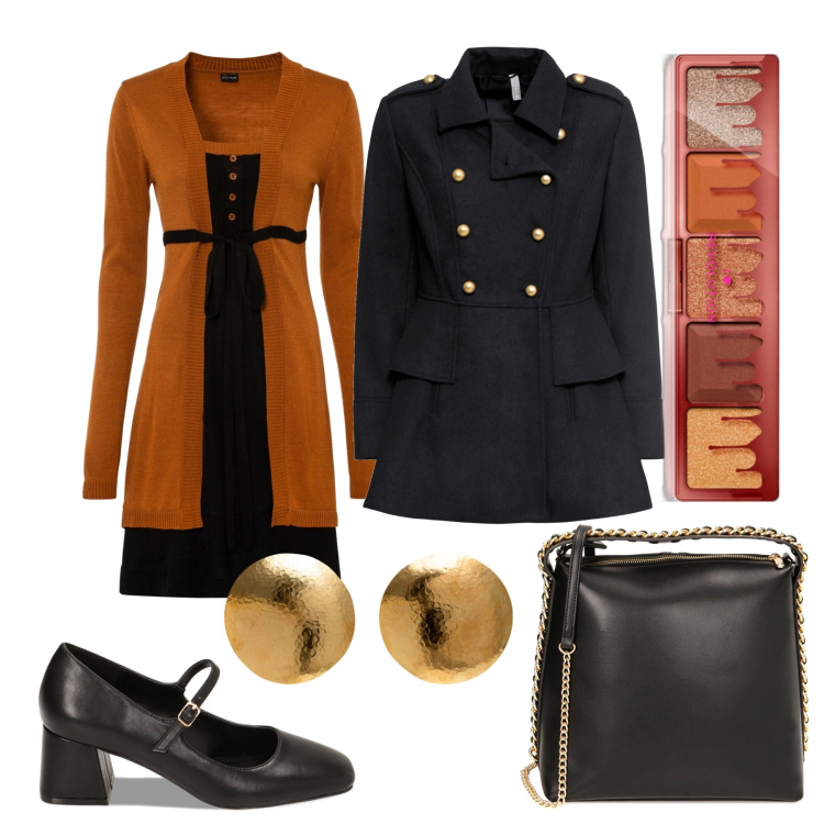 Outfit donna - Il vestito bicolore. Stile Chic per Ufficio. Abbinamento con vestiti, cappotti, ombretti, borse a mano, décolleté, orecchini.