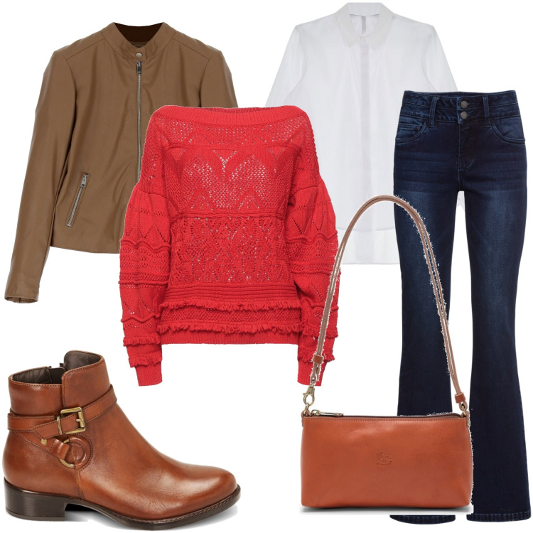 Outfit donna - Il rosso e marrone stanno bene insieme. Stile Casual chic per Tutti i giorni. Abbinamento con jeans bootcut, pullovers, cappotti, camicie, stivaletti chelsea, borse a spalla.