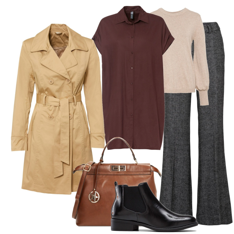 Outfit donna - Stratificato. Stile Minimal per Tutti i giorni. Abbinamento con pantaloni a palazzo, maglieria, stivaletti chelsea, vestiti, trench, borse a mano.