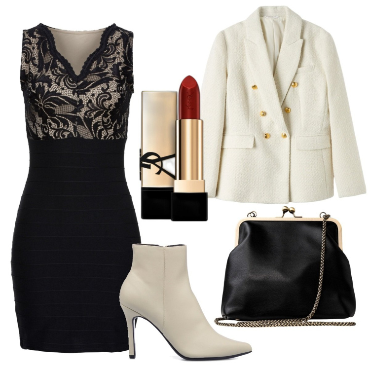 Outfit donna - Tubino nero con pizzo. Stile Sexy per Serata fuori. Abbinamento con vestiti, rossetti, blazer, stivaletti, clutch.