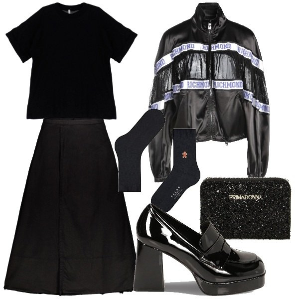 Outfit donna - Total black. Stile Rock per Serata fuori. Abbinamento con bomber, t-shirt, mocassini, portafogli, gonne lunghe, calzini.