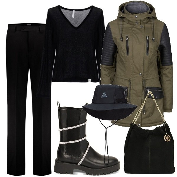 Outfit donna - Protetta da vento e pioggia. Stile Casual chic per Ufficio. Abbinamento con parka, t-shirt, stivaletti chelsea, borse a spalla, cappelli, pantaloni.