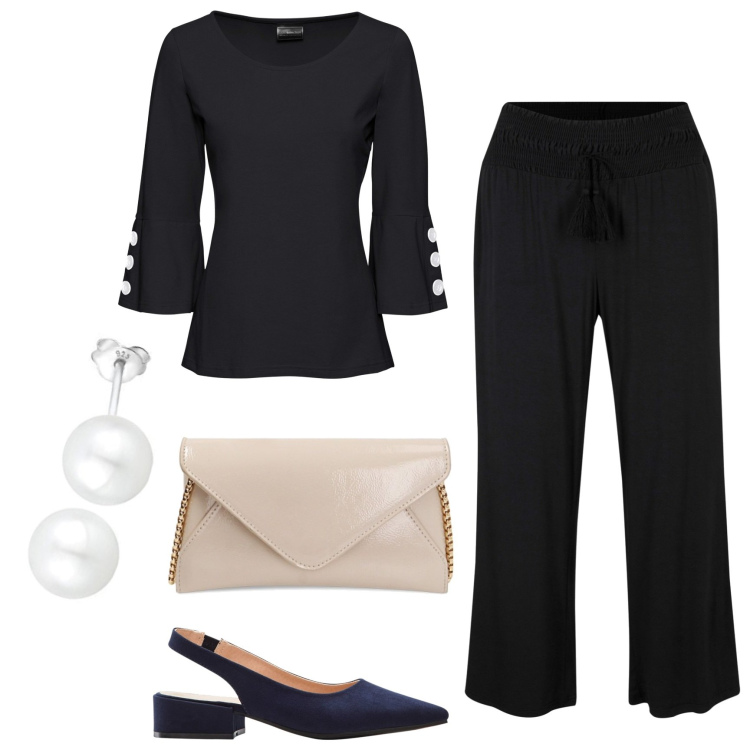 Outfit donna - Semplice con stile. Stile Bon Ton per Tutti i giorni. Abbinamento con décolleté, maglieria, pantaloni, borse a tracolla, orecchini.