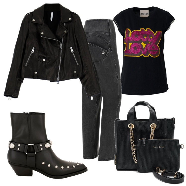 Outfit donna - Biker rock style. Stile Rock per Tutti i giorni. Abbinamento con cappotti, stivaletti texani, jeans, borse a mano, t-shirt.
