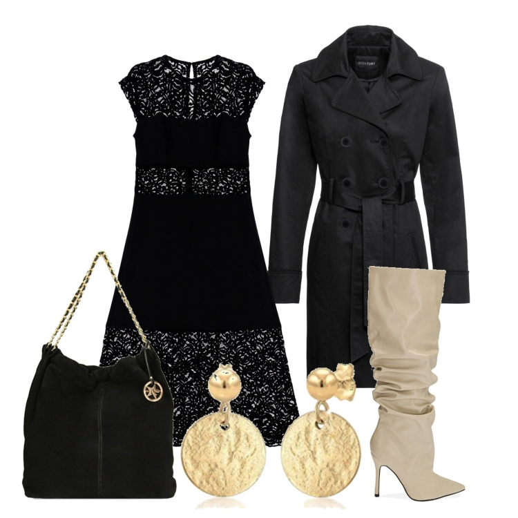 Outfit donna - Ghost outfitter - Halloween. Stile Trendy per Serata fuori. Abbinamento con trench, vestiti midi/longuette, stivali, borse a spalla, orecchini.