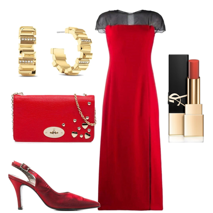 Outfit donna - Glamour in rosso. Stile Glamour per Serata fuori. Abbinamento con rossetti, décolleté, vestiti lunghi, borse a tracolla, orecchini.