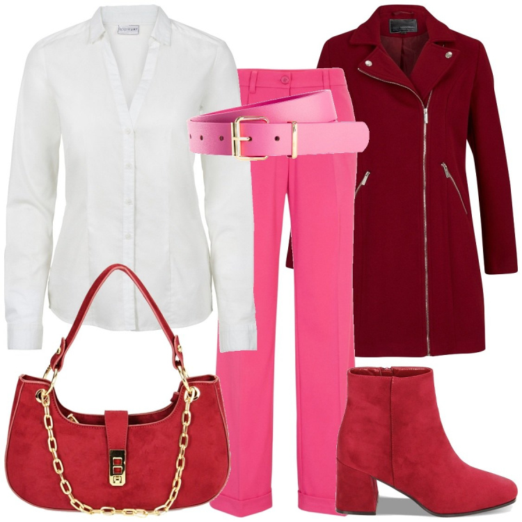 Outfit donna - In ufficio. Stile Casual chic per Ufficio. Abbinamento con camicie, cinture, cappotti, pantaloni, stivaletti, borse a spalla.
