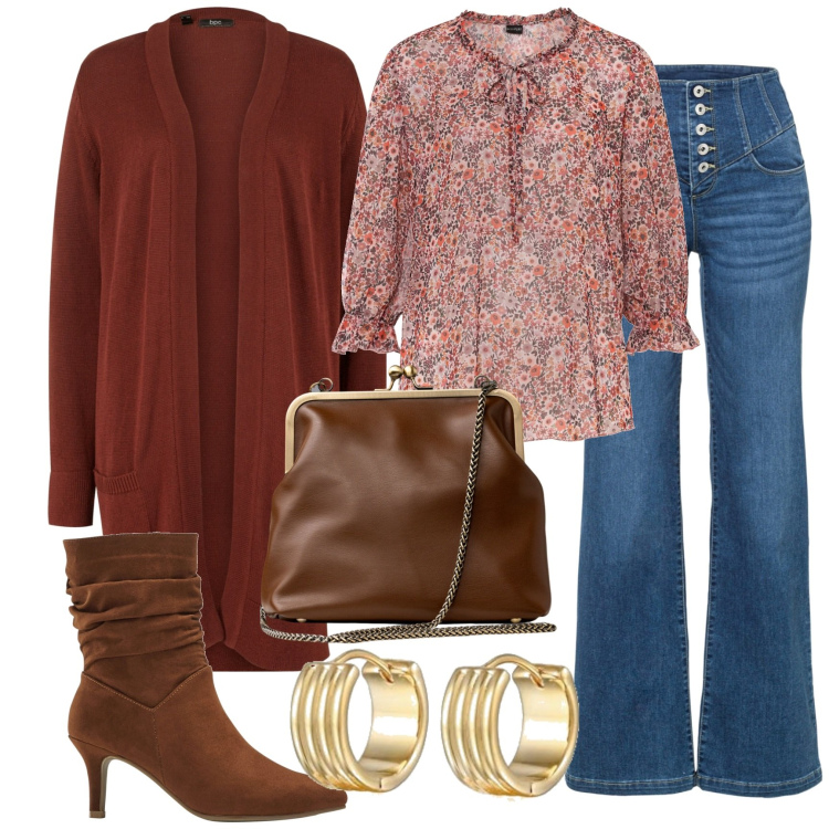 Outfit donna - Country chic. Stile Casual chic per Tutti i giorni. Abbinamento con cardigans, jeans a zampa, tuniche, stivaletti, clutch, orecchini.