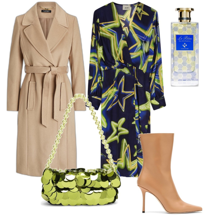Outfit donna - Da mattina a sera. Stile Glamour per Serata fuori. Abbinamento con profumi, vestiti midi/longuette, cappotti, borse a mano, stivaletti.