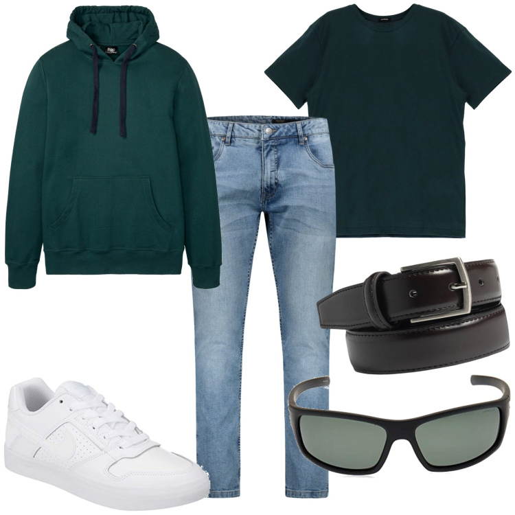 Outfit uomo - Jeans e felpa. Stile Casual per Tutti i giorni. Abbinamento con felpe con cappuccio, t-shirt, scarpe sportive, occhiali da sole, jeans, cinture.