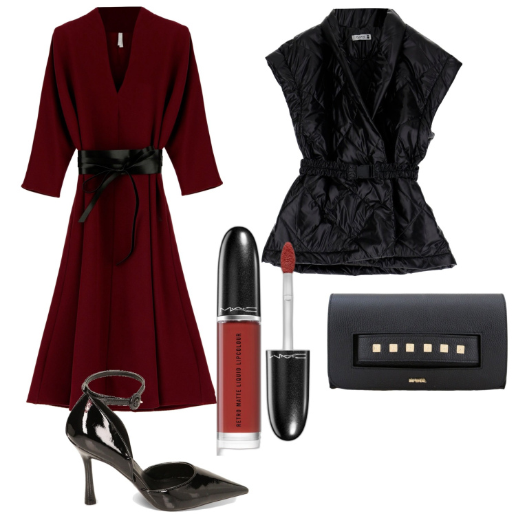 Outfit donna - Chic by night. Stile Chic per Serata fuori. Abbinamento con rossetti, piumini, vestiti midi/longuette, pochette, décolleté.