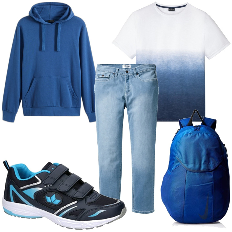 Outfit uomo - Jeans e felpa giovane. Stile Casual per Tutti i giorni. Abbinamento con t-shirt, jeans dritti, felpe con cappuccio, borse sportive, scarpe sportive.