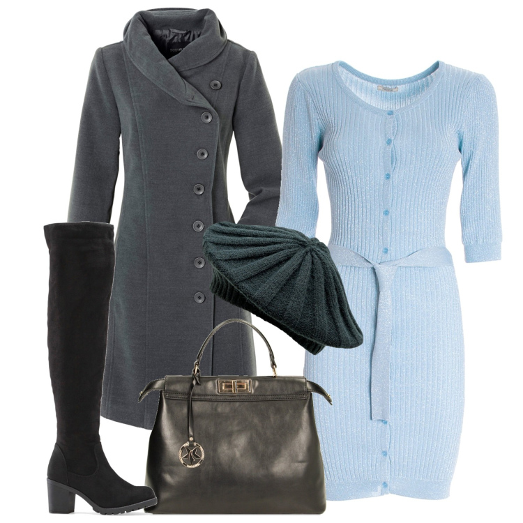 Outfit donna - Un abito cielo. Stile Chic per Tutti i giorni. Abbinamento con cappotti, stivali sopra il ginocchio, vestiti, borse a mano, cappelli e berretti.
