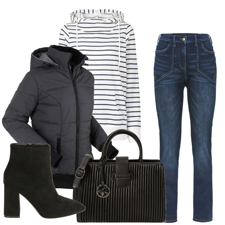 Outfit donna - Sempre in jeans. Stile Urban per Tutti i giorni. Abbinamento con felpe con cappuccio, jeans dritti, cappotti, stivaletti, borse a mano.